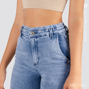 Mom Jeans Tiro Alto Pretina Resortada S7398